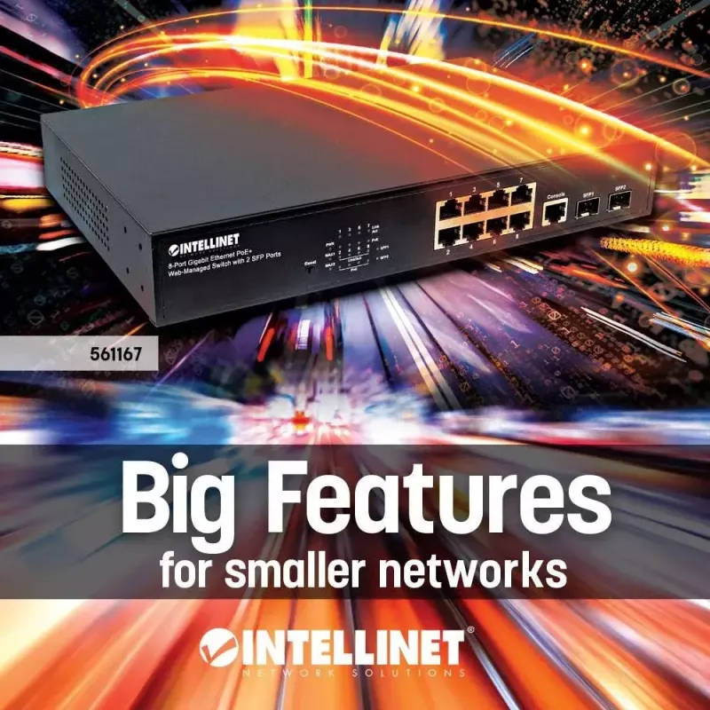 Valdomas komutatorius Intellinet 8 prievadų Gigabit Ethernet PoE+ su 2 SFP prievadais