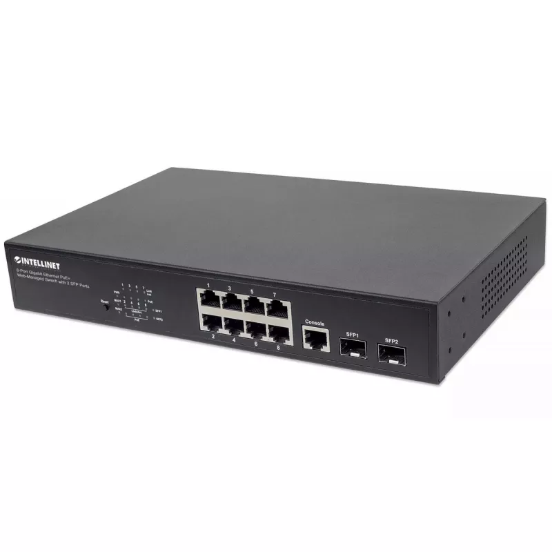 Valdomas komutatorius Intellinet 8 prievadų Gigabit Ethernet PoE+ su 2 SFP prievadais