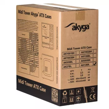PC korpusas Akyga AK13BK Micro Tower — ATX/Micro-ATX, 3×3,5 col. nišos, 3×2,5 col. nišos, viršutinis PSU, USB 3.2 Gen1×2, maks. GPU 385 mm, juoda