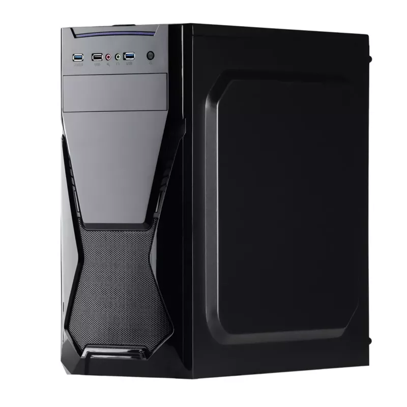 PC korpusas Akyga AK13BK Micro Tower — ATX/Micro-ATX, 3×3,5 col. nišos, 3×2,5 col. nišos, viršutinis PSU, USB 3.2 Gen1×2, maks. GPU 385 mm, juoda