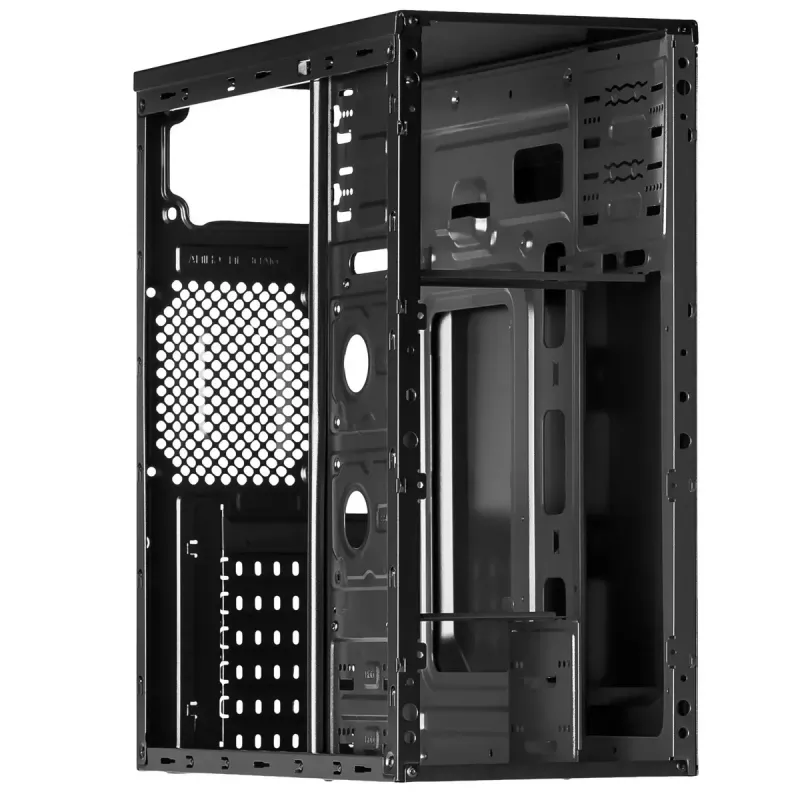 PC korpusas Akyga AK13BK Micro Tower — ATX/Micro-ATX, 3×3,5 col. nišos, 3×2,5 col. nišos, viršutinis PSU, USB 3.2 Gen1×2, maks. GPU 385 mm, juoda