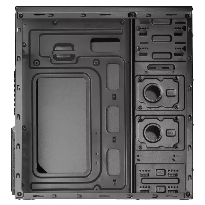 PC korpusas Akyga AK13BK Micro Tower — ATX/Micro-ATX, 3×3,5 col. nišos, 3×2,5 col. nišos, viršutinis PSU, USB 3.2 Gen1×2, maks. GPU 385 mm, juoda