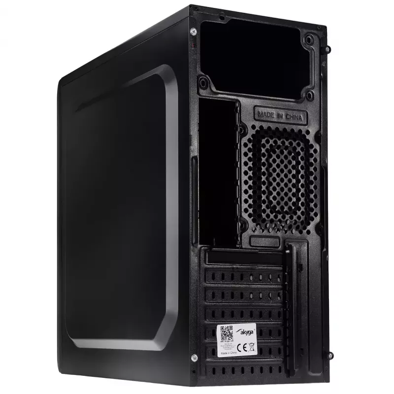 PC korpusas Akyga AK13BK Micro Tower — ATX/Micro-ATX, 3×3,5 col. nišos, 3×2,5 col. nišos, viršutinis PSU, USB 3.2 Gen1×2, maks. GPU 385 mm, juoda