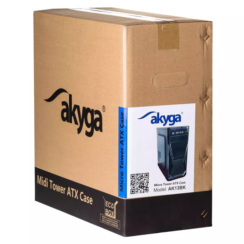 PC korpusas Akyga AK13BK Micro Tower — ATX/Micro-ATX, 3×3,5 col. nišos, 3×2,5 col. nišos, viršutinis PSU, USB 3.2 Gen1×2, maks. GPU 385 mm, juoda