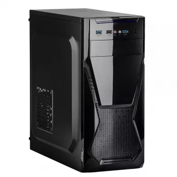 PC korpusas Akyga AK13BK Micro Tower — ATX/Micro-ATX, 3×3,5 col. nišos, 3×2,5 col. nišos, viršutinis PSU, USB 3.2 Gen1×2, maks. GPU 385 mm, juoda