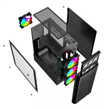 PC korpusas GEMBIRD Fornax 400X Midi Tower juodas — ATX, grūdintas stiklas, RGB ventiliatoriai, 4x 2,5 colio nišos, 2x USB 3.0