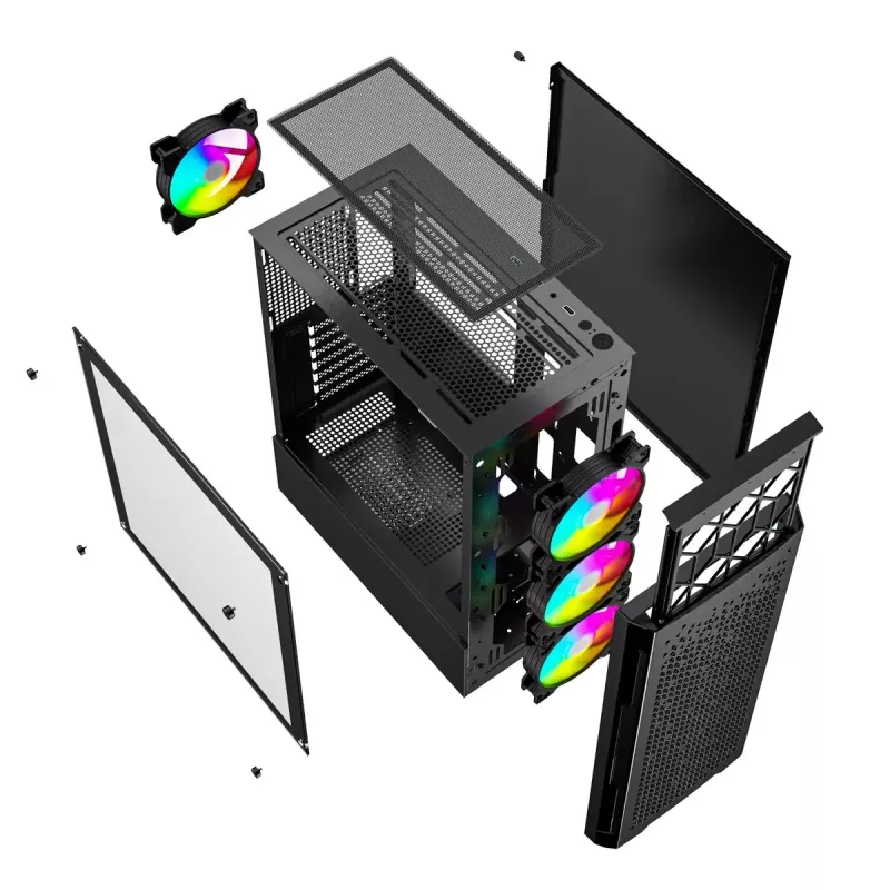 PC korpusas GEMBIRD Fornax 400X Midi Tower juodas — ATX, grūdintas stiklas, RGB ventiliatoriai, 4x 2,5 colio nišos, 2x USB 3.0