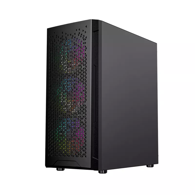 PC korpusas GEMBIRD Fornax 400X Midi Tower juodas — ATX, grūdintas stiklas, RGB ventiliatoriai, 4x 2,5 colio nišos, 2x USB 3.0
