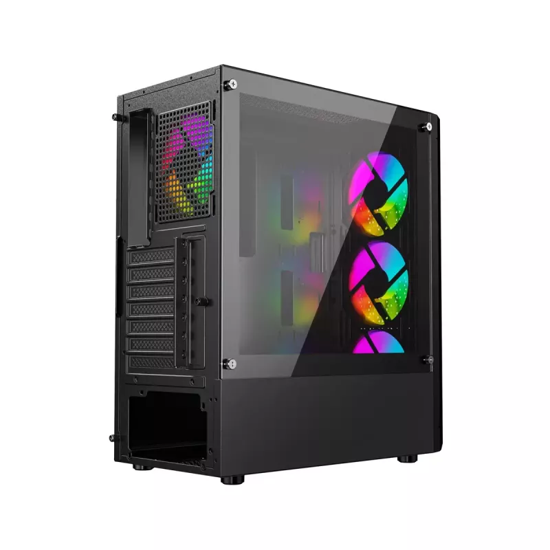 PC korpusas GEMBIRD Fornax 400X Midi Tower juodas — ATX, grūdintas stiklas, RGB ventiliatoriai, 4x 2,5 colio nišos, 2x USB 3.0