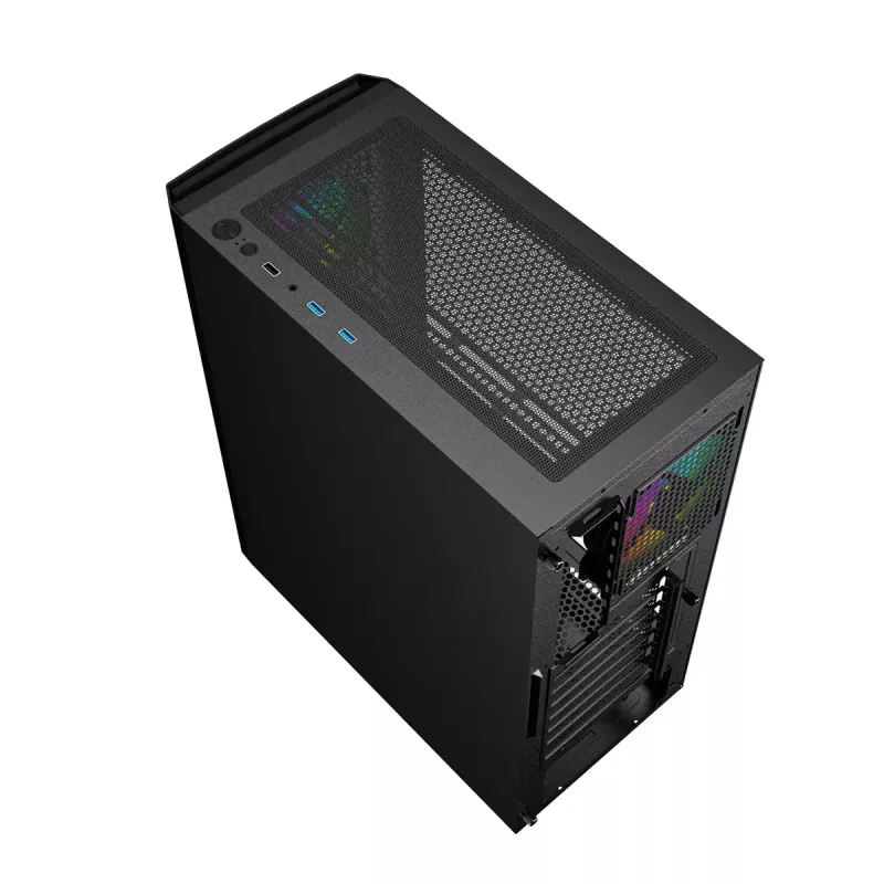 PC korpusas GEMBIRD Fornax 400X Midi Tower juodas — ATX, grūdintas stiklas, RGB ventiliatoriai, 4x 2,5 colio nišos, 2x USB 3.0