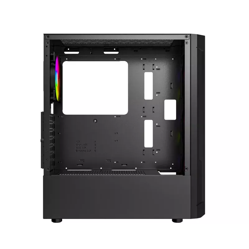 PC korpusas GEMBIRD Fornax 400X Midi Tower juodas — ATX, grūdintas stiklas, RGB ventiliatoriai, 4x 2,5 colio nišos, 2x USB 3.0