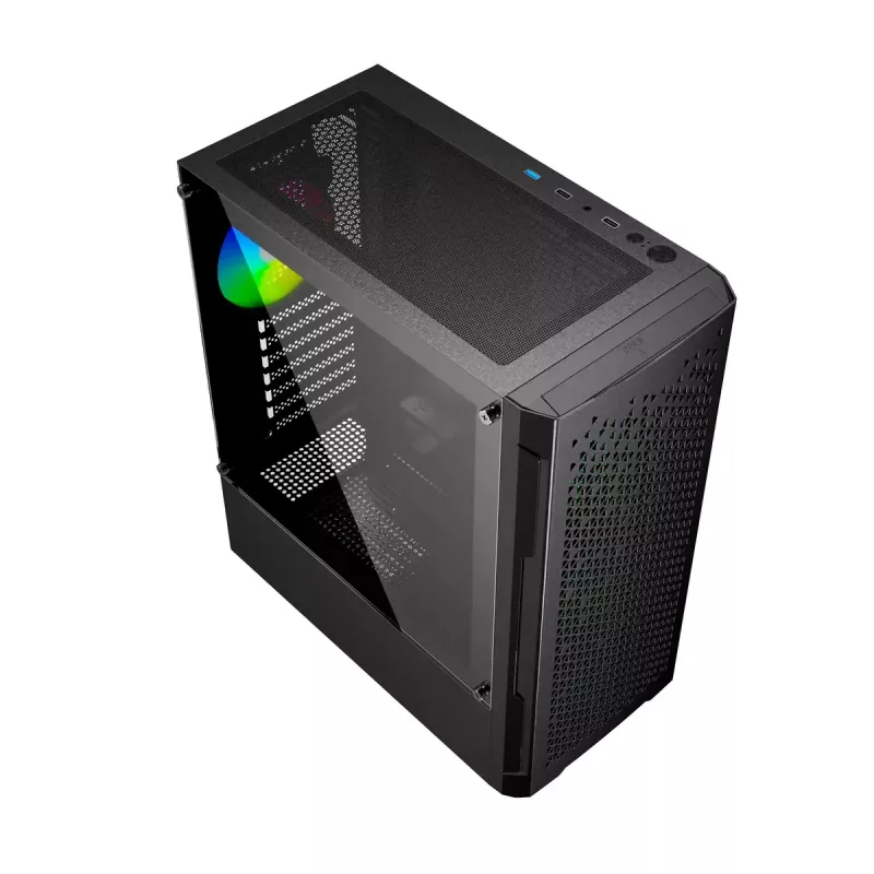 PC korpusas GEMBIRD Fornax 400X Midi Tower juodas — ATX, grūdintas stiklas, RGB ventiliatoriai, 4x 2,5 colio nišos, 2x USB 3.0