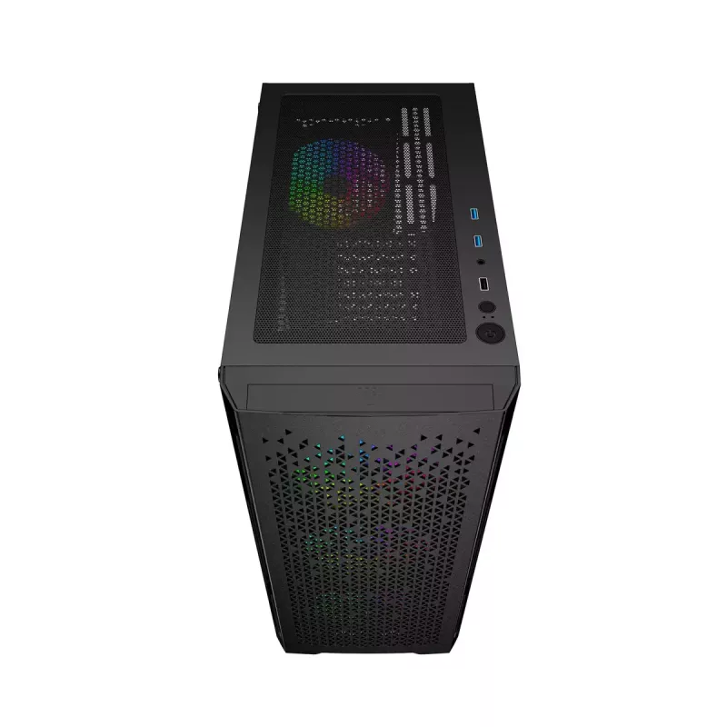 PC korpusas GEMBIRD Fornax 400X Midi Tower juodas — ATX, grūdintas stiklas, RGB ventiliatoriai, 4x 2,5 colio nišos, 2x USB 3.0