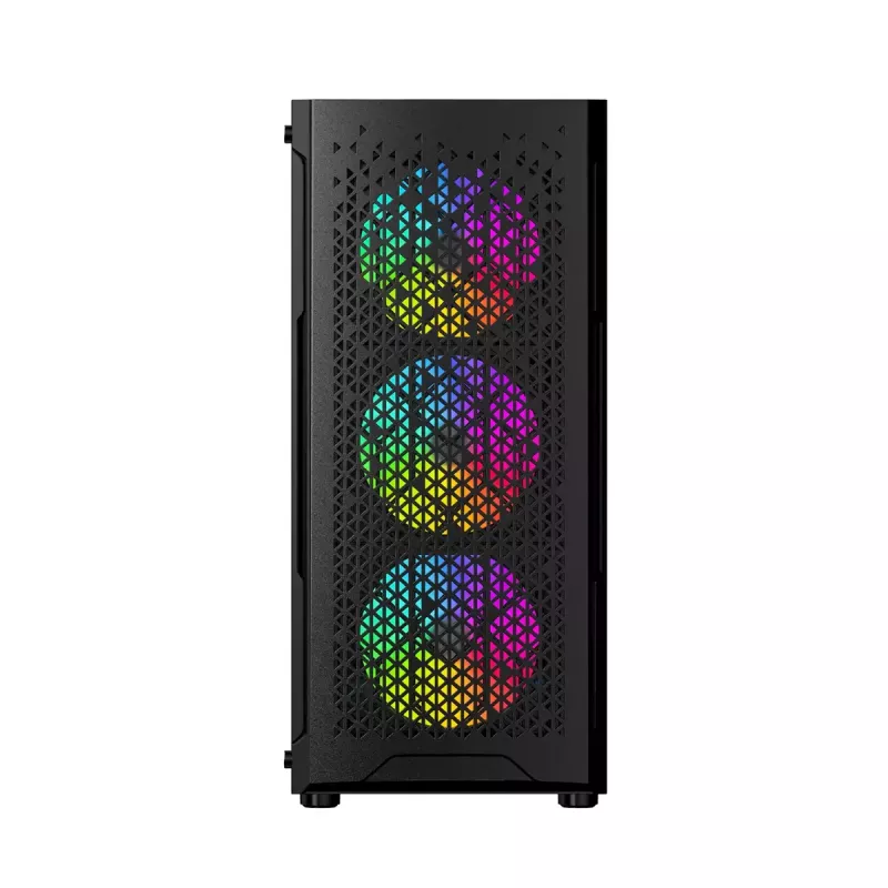 PC korpusas GEMBIRD Fornax 400X Midi Tower juodas — ATX, grūdintas stiklas, RGB ventiliatoriai, 4x 2,5 colio nišos, 2x USB 3.0