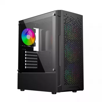 PC korpusas GEMBIRD Fornax 400X Midi Tower juodas — ATX, grūdintas stiklas, RGB ventiliatoriai, 4x 2,5 colio nišos, 2x USB 3.0