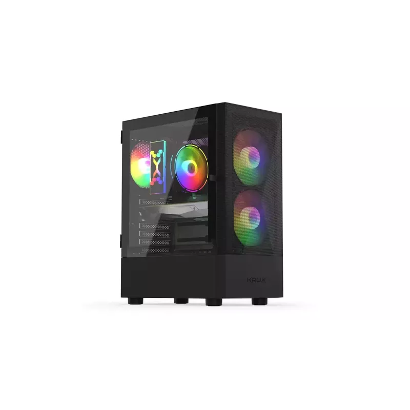 PC korpusas KRUX VAKO KRX0132 ATX juodas — grūdintas stiklas, RGB, palaiko Mini‑ATX, GPU iki 31 cm, CPU aušintuvas iki 15,9 cm