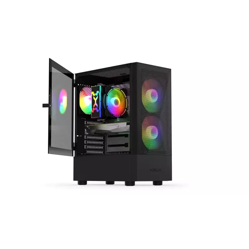PC korpusas KRUX VAKO KRX0132 ATX juodas — grūdintas stiklas, RGB, palaiko Mini‑ATX, GPU iki 31 cm, CPU aušintuvas iki 15,9 cm