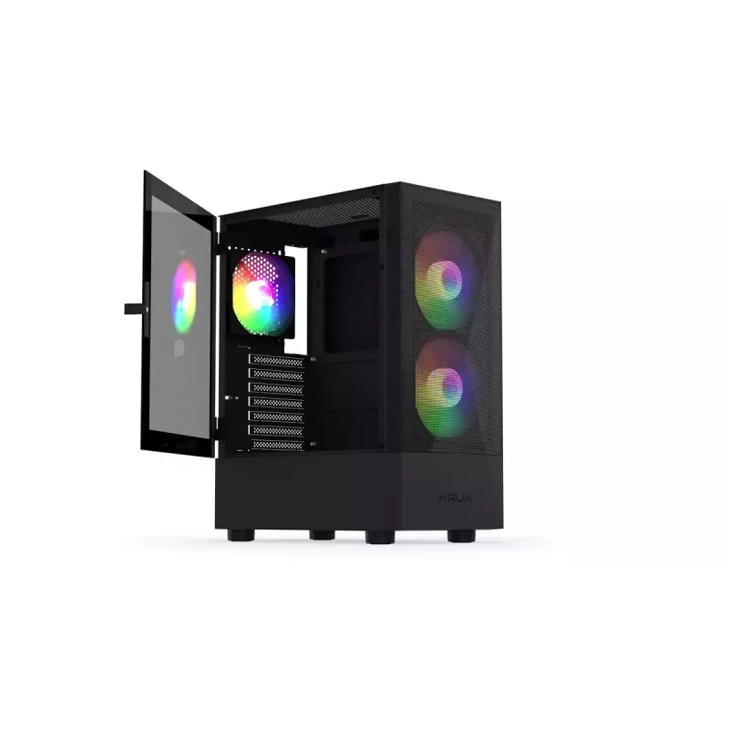 PC korpusas KRUX VAKO KRX0132 ATX juodas — grūdintas stiklas, RGB, palaiko Mini‑ATX, GPU iki 31 cm, CPU aušintuvas iki 15,9 cm
