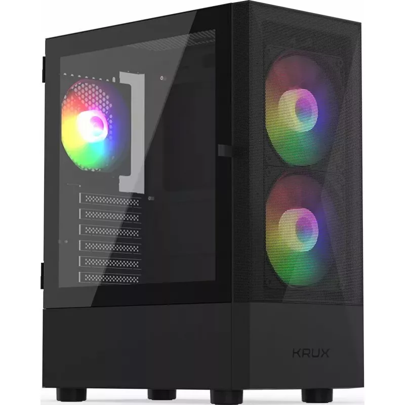 PC korpusas KRUX VAKO KRX0132 ATX juodas — grūdintas stiklas, RGB, palaiko Mini‑ATX, GPU iki 31 cm, CPU aušintuvas iki 15,9 cm
