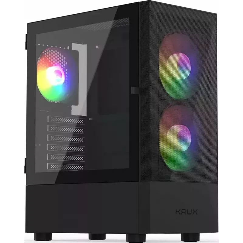 PC korpusas KRUX VAKO KRX0132 ATX juodas — grūdintas stiklas, RGB, palaiko Mini‑ATX, GPU iki 31 cm, CPU aušintuvas iki 15,9 cm
