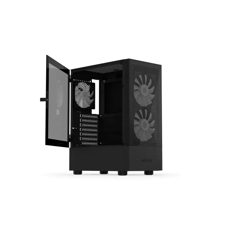PC korpusas KRUX VAKO KRX0132 ATX juodas — grūdintas stiklas, RGB, palaiko Mini‑ATX, GPU iki 31 cm, CPU aušintuvas iki 15,9 cm