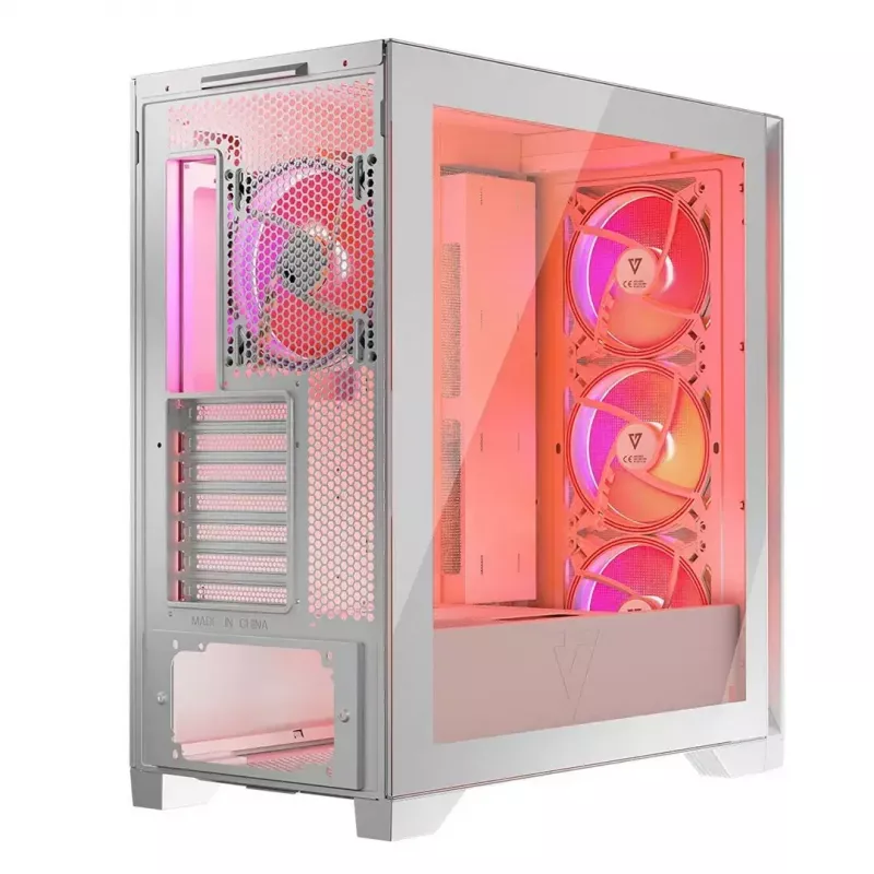 PC korpusas MODECOM VOLCANO EXPANSE S APEX ARGB Midi Tower baltas — grūdintas stiklas, ARGB, palaiko micro ATX, GPU iki 430 mm