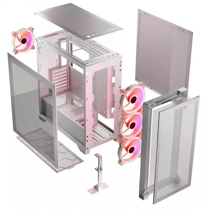 PC korpusas MODECOM VOLCANO EXPANSE S APEX ARGB Midi Tower baltas — grūdintas stiklas, ARGB, palaiko micro ATX, GPU iki 430 mm