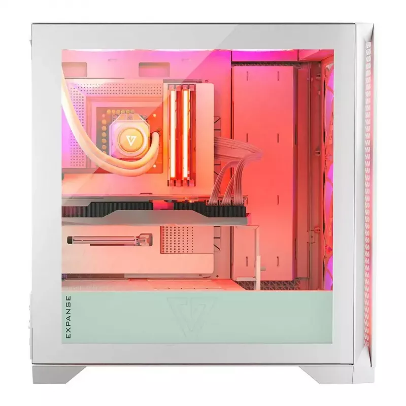 PC Case MODECOM VOLCANO EXPANSE T APEX ARGB MIDI White — grūdintas stiklas, ARGB, USB-C, palaiko mikro-ATX, GPU iki 430 mm