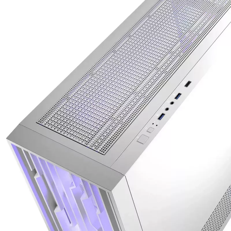 PC korpusas MODECOM Volcano Perun Apex ARGB baltas — Midi Tower, grūdintas stiklas, ARGB, USB-C, palaiko micro ATX, GPU iki 39 cm
