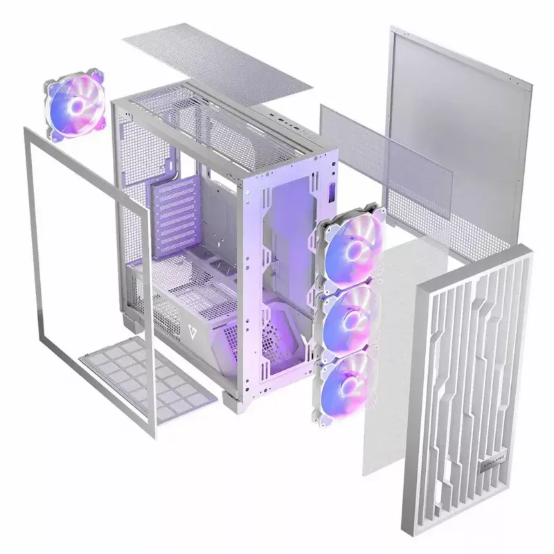PC korpusas MODECOM Volcano Perun Apex ARGB baltas — Midi Tower, grūdintas stiklas, ARGB, USB-C, palaiko micro ATX, GPU iki 39 cm
