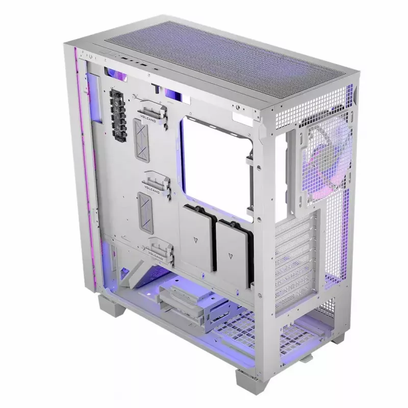 PC korpusas MODECOM Volcano Perun Apex ARGB baltas — Midi Tower, grūdintas stiklas, ARGB, USB-C, palaiko micro ATX, GPU iki 39 cm