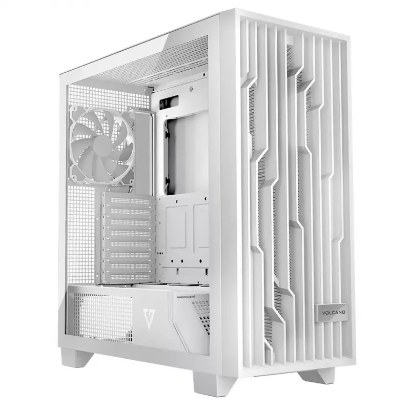 PC korpusas MODECOM Volcano Perun Apex ARGB baltas — Midi Tower, grūdintas stiklas, ARGB, USB-C, palaiko micro ATX, GPU iki 39 cm