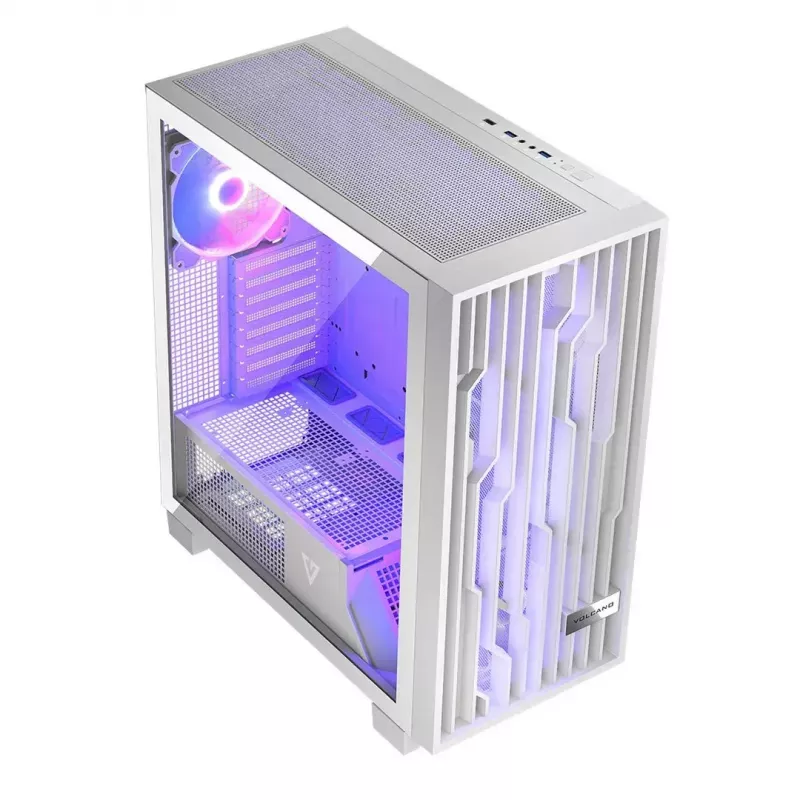 PC korpusas MODECOM Volcano Perun Apex ARGB baltas — Midi Tower, grūdintas stiklas, ARGB, USB-C, palaiko micro ATX, GPU iki 39 cm