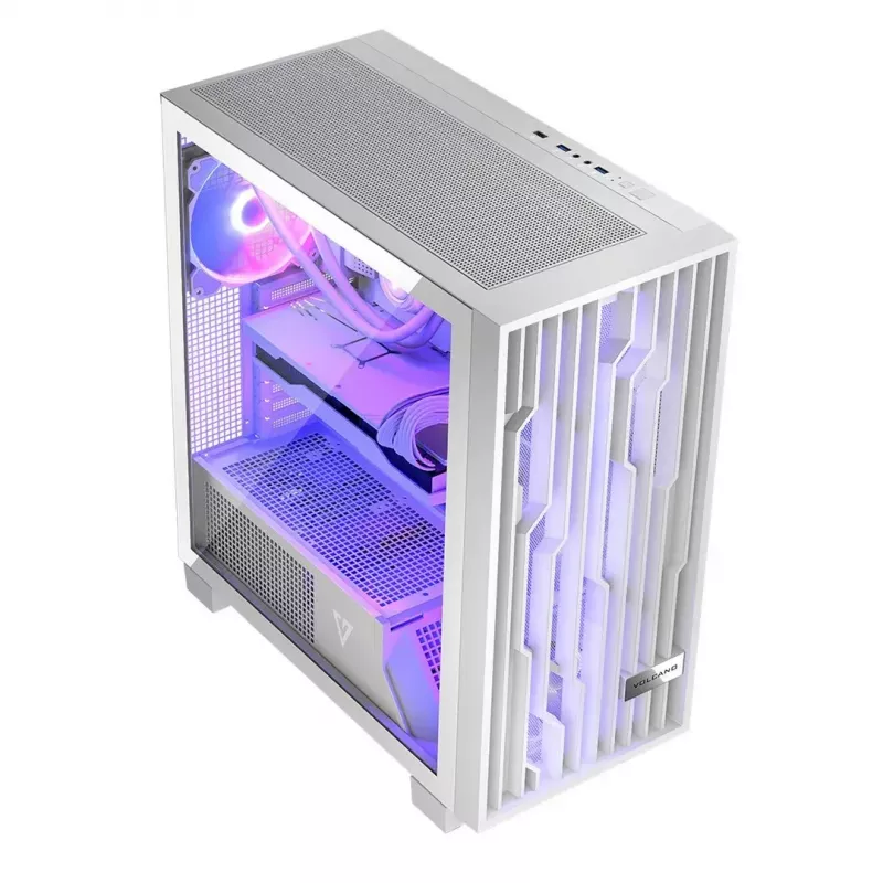 PC korpusas MODECOM Volcano Perun Apex ARGB baltas — Midi Tower, grūdintas stiklas, ARGB, USB-C, palaiko micro ATX, GPU iki 39 cm