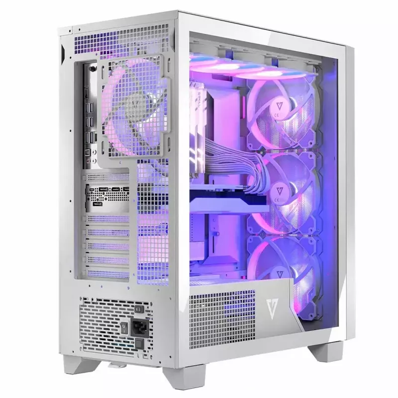 PC korpusas MODECOM Volcano Perun Apex ARGB baltas — Midi Tower, grūdintas stiklas, ARGB, USB-C, palaiko micro ATX, GPU iki 39 cm