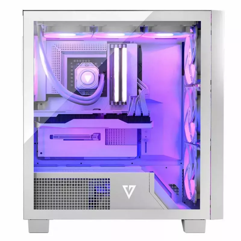 PC korpusas MODECOM Volcano Perun Apex ARGB baltas — Midi Tower, grūdintas stiklas, ARGB, USB-C, palaiko micro ATX, GPU iki 39 cm