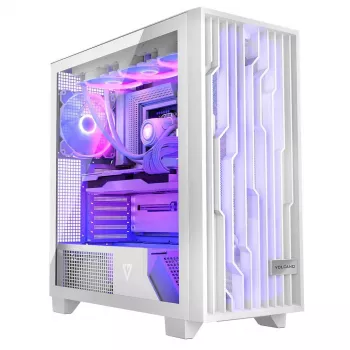 PC korpusas MODECOM Volcano Perun Apex ARGB baltas — Midi Tower, grūdintas stiklas, ARGB, USB-C, palaiko micro ATX, GPU iki 39 cm