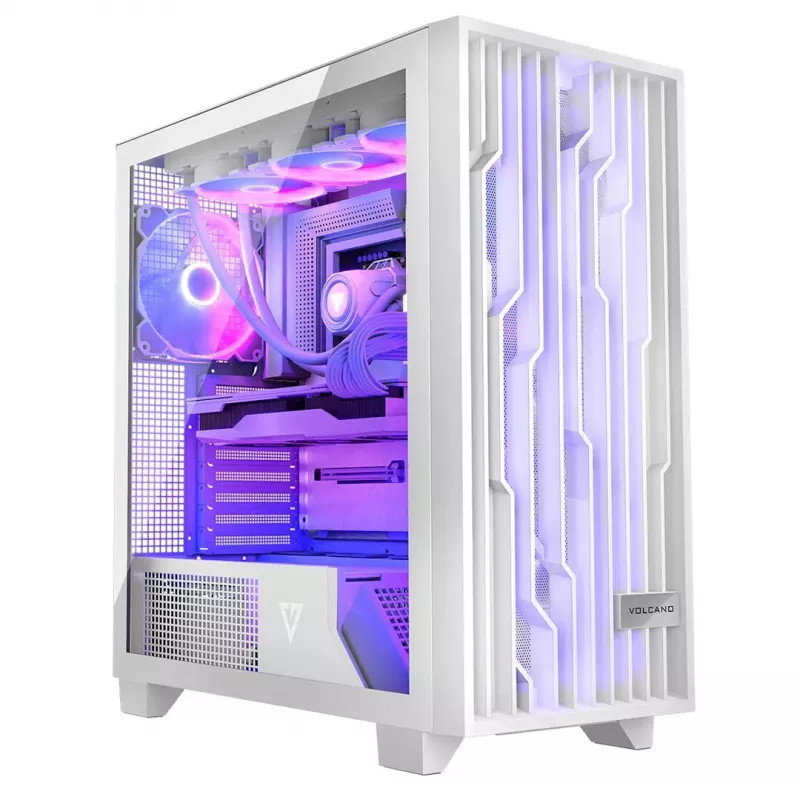 PC korpusas MODECOM Volcano Perun Apex ARGB baltas — Midi Tower, grūdintas stiklas, ARGB, USB-C, palaiko micro ATX, GPU iki 39 cm