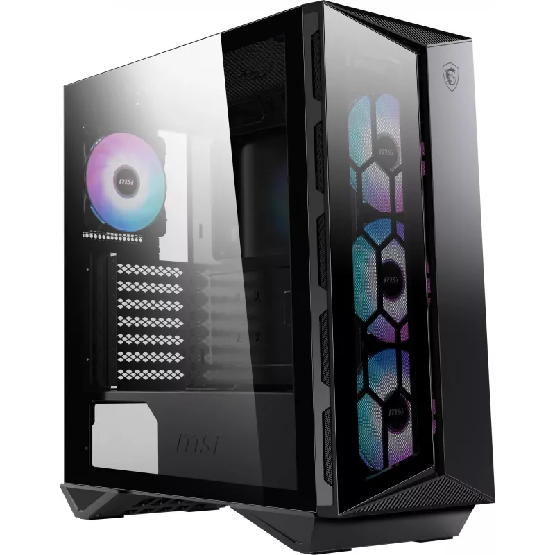 MSI MPG GUNGNIR 110R Mid Tower žaidimų kompiuterio korpusas juodas, USB 3.2 Gen2 Type C, 4x 120mm ARGB ventiliatoriai, Mystic Light sinchronizavimas, 1 į 6 ARGB valdymo plokštė, 2x grūdinto stiklo plokštės, ATX, mATX, mini-ITX