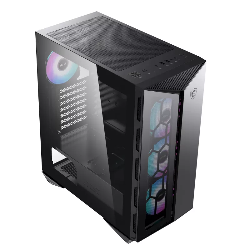 MSI MPG GUNGNIR 110R Mid Tower žaidimų kompiuterio korpusas juodas, USB 3.2 Gen2 Type C, 4x 120mm ARGB ventiliatoriai, Mystic Light sinchronizavimas, 1 į 6 ARGB valdymo plokštė, 2x grūdinto stiklo plokštės, ATX, mATX, mini-ITX