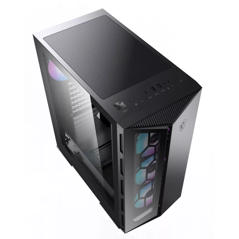 MSI MPG GUNGNIR 110R Mid Tower žaidimų kompiuterio korpusas juodas, USB 3.2 Gen2 Type C, 4x 120mm ARGB ventiliatoriai, Mystic Light sinchronizavimas, 1 į 6 ARGB valdymo plokštė, 2x grūdinto stiklo plokštės, ATX, mATX, mini-ITX