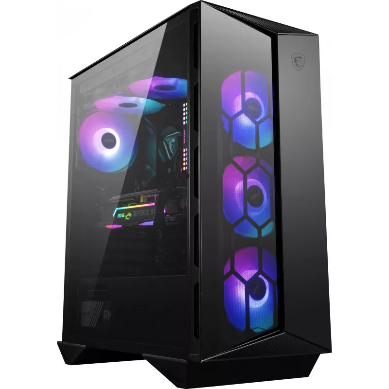 MSI MPG GUNGNIR 110R Mid Tower žaidimų kompiuterio korpusas juodas, USB 3.2 Gen2 Type C, 4x 120mm ARGB ventiliatoriai, Mystic Light sinchronizavimas, 1 į 6 ARGB valdymo plokštė, 2x grūdinto stiklo plokštės, ATX, mATX, mini-ITX
