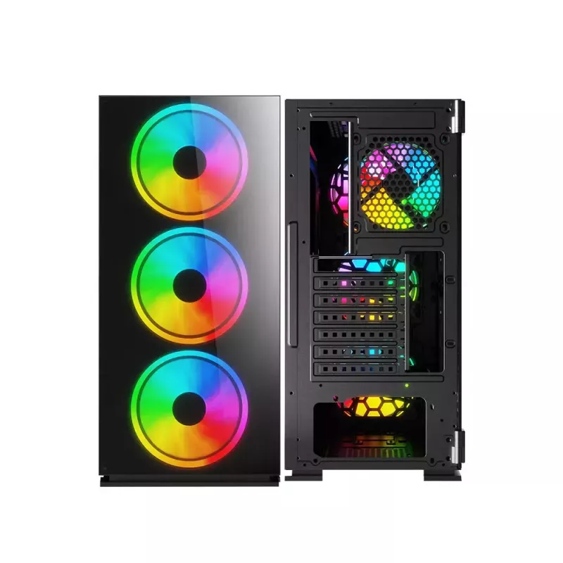 PC dėklas SAVIO Prime X1 ARGB Glass Midi Tower juodas — grūdintas stiklas, ARGB ventiliatoriai, micro ATX/ATX palaikymas