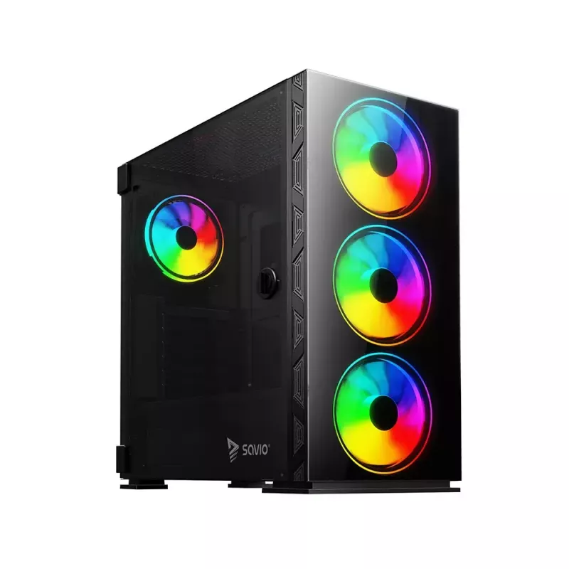 PC dėklas SAVIO Prime X1 ARGB Glass Midi Tower juodas — grūdintas stiklas, ARGB ventiliatoriai, micro ATX/ATX palaikymas