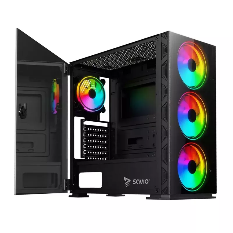 PC dėklas SAVIO Prime X1 ARGB Glass Midi Tower juodas — grūdintas stiklas, ARGB ventiliatoriai, micro ATX/ATX palaikymas