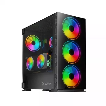 PC dėklas SAVIO Prime X1 ARGB Glass Midi Tower juodas — grūdintas stiklas, ARGB ventiliatoriai, micro ATX/ATX palaikymas