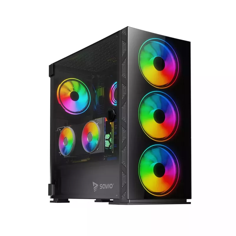 PC dėklas SAVIO Prime X1 ARGB Glass Midi Tower juodas — grūdintas stiklas, ARGB ventiliatoriai, micro ATX/ATX palaikymas
