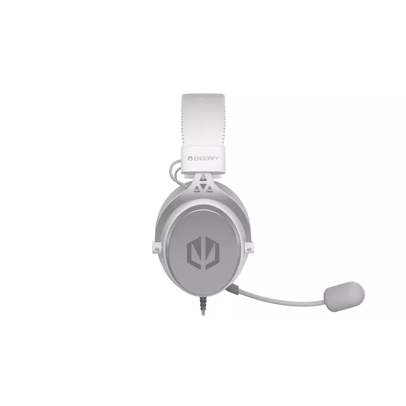 Laidinės binaurinės ausinės ENDORFY VIRO Plus USB Onyx White — 5,3 cm tvarkyklės, 20–20000 Hz, 98 dB, 32 Ω, nuimamas strėlinis mikrofonas, 2,9 m laidas