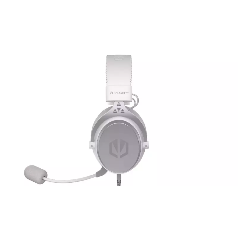 Laidinės binaurinės ausinės ENDORFY VIRO Plus USB Onyx White — 5,3 cm tvarkyklės, 20–20000 Hz, 98 dB, 32 Ω, nuimamas strėlinis mikrofonas, 2,9 m laidas