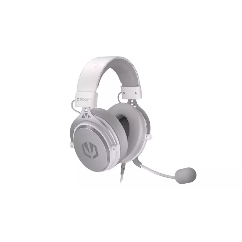Laidinės binaurinės ausinės ENDORFY VIRO Plus USB Onyx White — 5,3 cm tvarkyklės, 20–20000 Hz, 98 dB, 32 Ω, nuimamas strėlinis mikrofonas, 2,9 m laidas